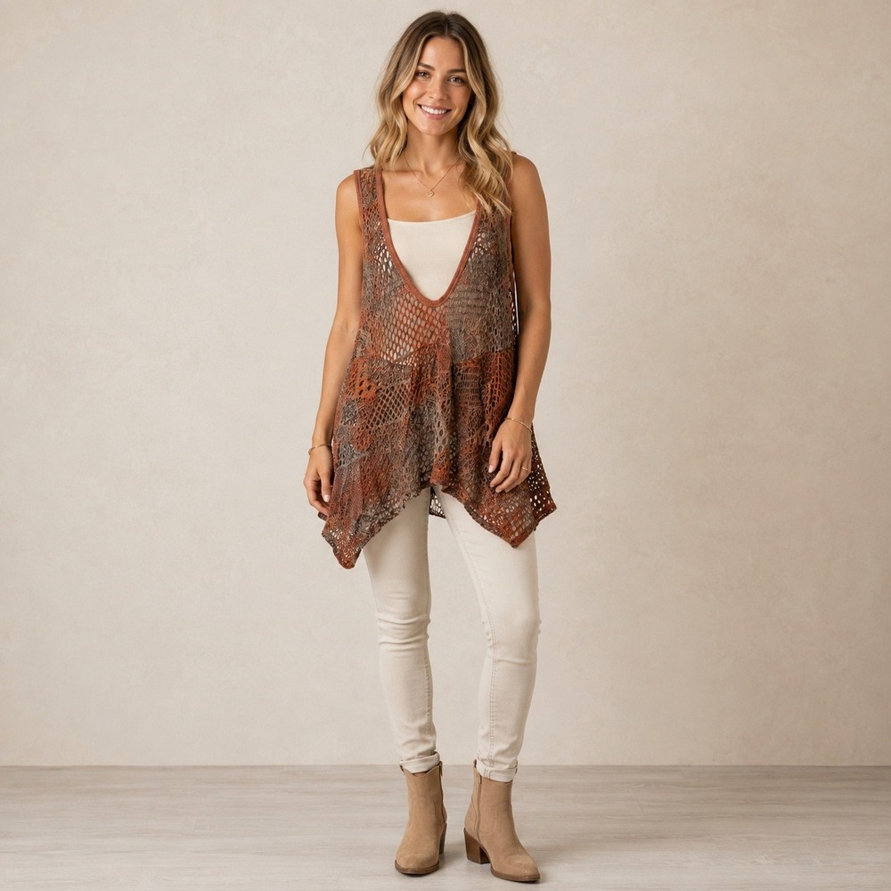 Lily by Firmiana Tunic Vest Rust Open Knit Boho Handkerchief Hem Medium